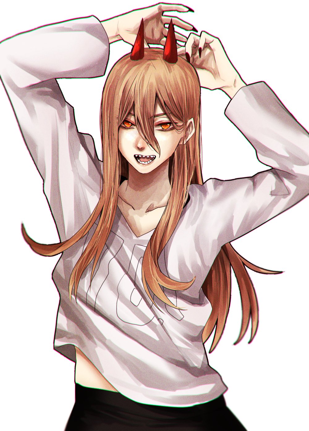 1girl :d chainsaw_man fingernails hair_between_eyes hands_above_head hands_up highres horns hoshi_san_3 long_sleeves looking_at_viewer nail_polish open_mouth orange_eyes orange_hair power_(chainsaw_man) sharp_fingernails shirt simple_background smile solo upper_body white_background white_shirt