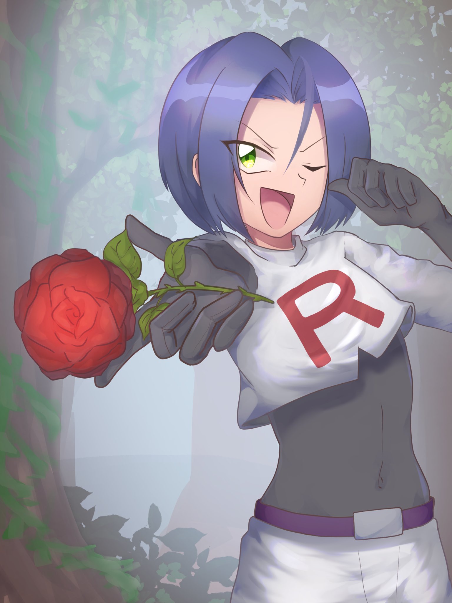 1boy blue_hair crop_top flower gloves green_eyes highres james_(pokemon) moticome one_eye_closed pokemon pokemon_(anime) red_flower rose smile team_rocket