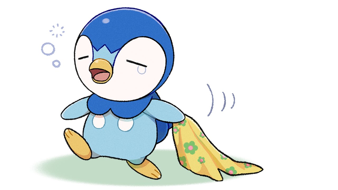 bubble closed_eyes commentary_request creature gen_4_pokemon holding leg_up no_humans official_art open_mouth piplup pokemon pokemon_(creature) project_pochama sleepy solo standing standing_on_one_leg toes tongue