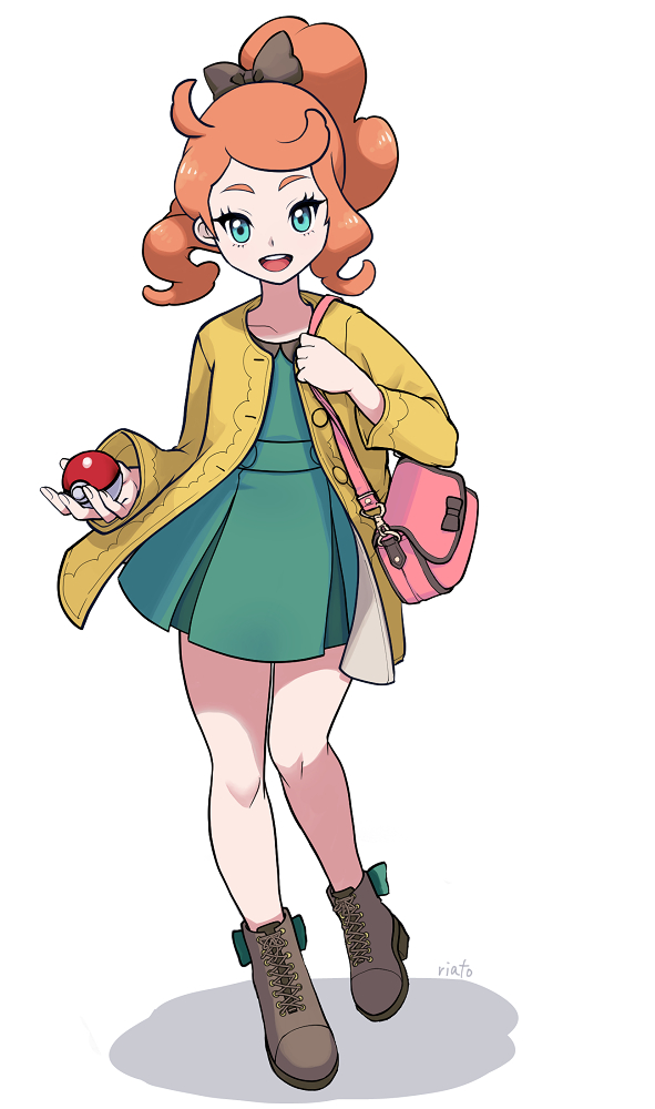 1girl bag bangs boots bow brown_bow brown_footwear buttons coat commentary_request dress eyelashes full_body green_dress green_eyes hair_bow handbag high_ponytail holding holding_poke_ball knees long_hair open_clothes open_coat open_mouth orange_hair pink_bag poke_ball poke_ball_(basic) pokemon pokemon_(game) pokemon_swsh riato_(riato1985) smile solo sonia_(pokemon) standing swept_bangs tongue upper_teeth yellow_coat younger