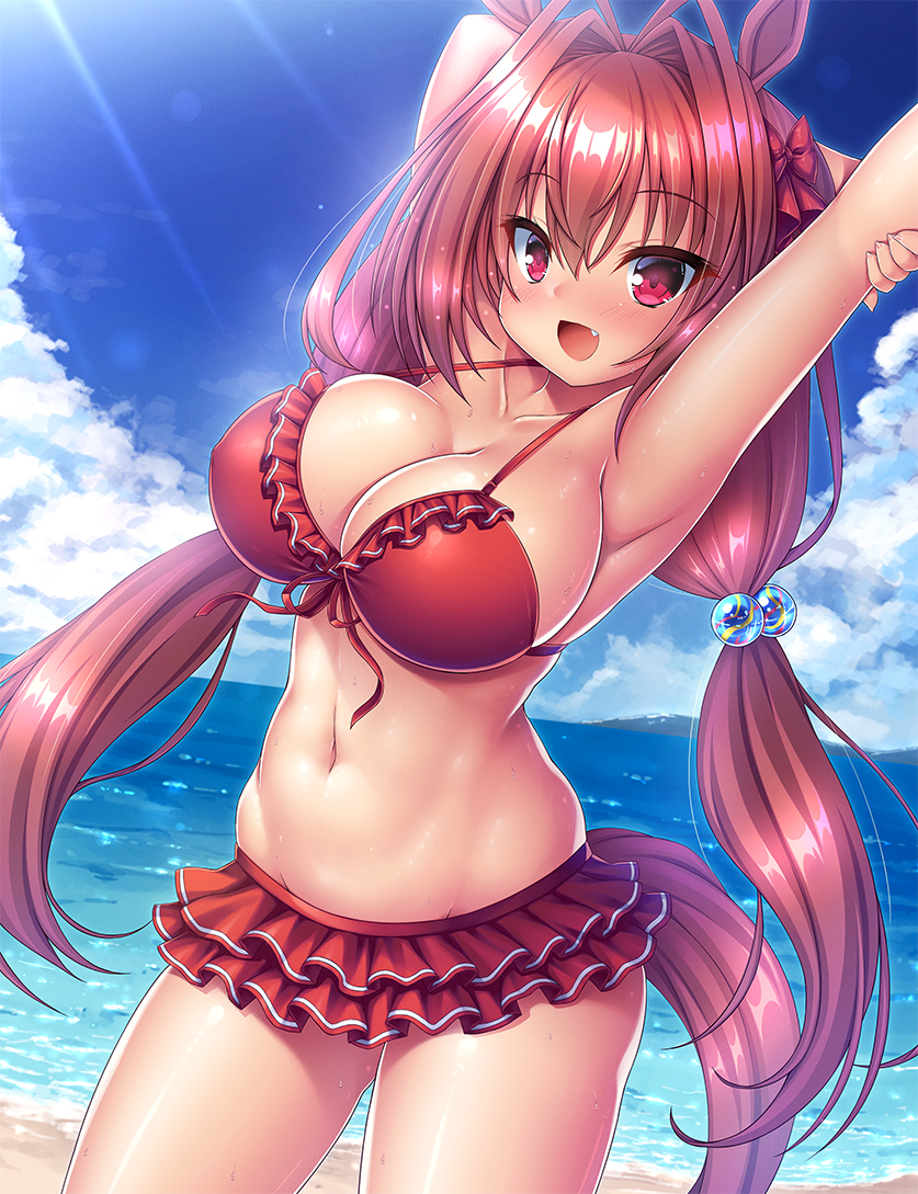 1girl animal_ears arm_up armpits bow breasts brown_hair covered_nipples daiwa_scarlet_(umamusume) day dutch_angle eyebrows_visible_through_hair fang hair_bobbles hair_bow hair_ornament horse_ears horse_tail large_breasts long_hair looking_at_viewer navel open_mouth outdoors presenting_armpit red_eyes solo standing tail takeponi twintails umamusume