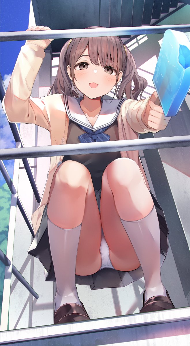 1girl banned_artist blue_sky brown_eyes brown_footwear brown_hair cardigan clouds collarbone day food highres long_sleeves looking_at_viewer open_mouth original outdoors panties popsicle sailor_collar school_uniform shoes short_hair sky smile socks solo squatting tetsubuta twintails underwear white_panties white_sailor_collar