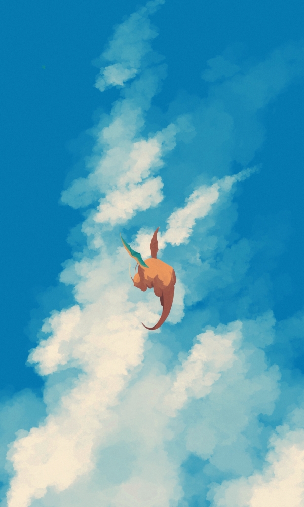 clouds commentary day dragonite flying from_behind gen_1_pokemon no_humans outdoors pokemon pokemon_(creature) sky solo wulie_errr