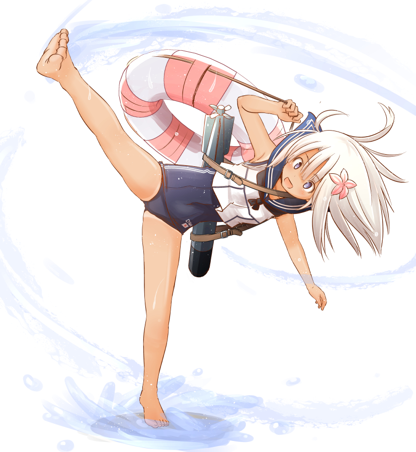 1girl barefoot blue_eyes covered_navel crop_top flower fujisaki_yuu full_body hair_flower hair_ornament high_kick kantai_collection kicking leg_up lifebuoy long_hair one-piece_swimsuit one-piece_tan open_mouth ro-500_(kancolle) school_swimsuit solo standing standing_on_one_leg swimsuit swimsuit_under_clothes tan tanlines torpedo white_background white_hair