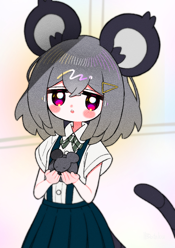 1girl animal animal_ears bangs blush bow bowtie buttons collared_shirt dotaku_(wran8845) green_bow green_bowtie green_skirt grey_hair grey_skirt holding holding_animal jitome looking_at_viewer mouse mouse_ears mouse_girl mouse_tail nazrin parted_lips pleated_skirt shirt short_hair short_sleeves skirt solo suspender_skirt suspenders tail teeth touhou triangle_hair_ornament uniform upper_body upper_teeth white_background white_shirt