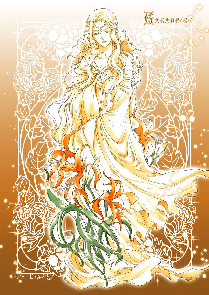 1girl character_name closed_eyes closed_mouth commentary dress elf english_commentary facing_viewer flower galadriel highres kazuki-mendou legendarium long_hair long_sleeves pointy_ears red_flower signature solo standing the_lord_of_the_rings wide_sleeves yellow_theme