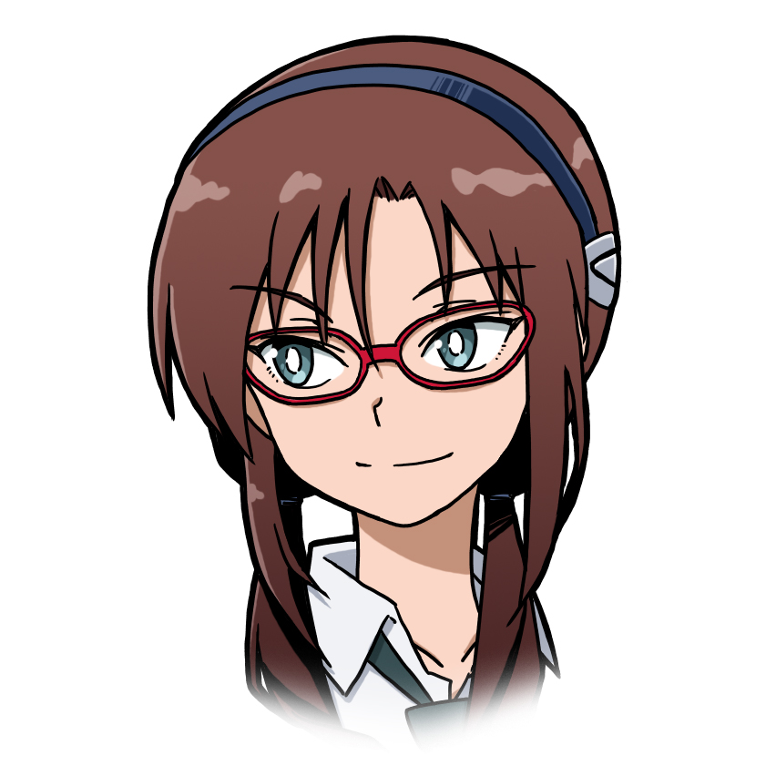 blue_headband brown_hair collar eyebrows_visible_through_hair glasses headband light_blue_eyes light_smile makinami_mari_illustrious neon_genesis_evangelion red-framed_eyewear sasihmi simple_background twintails white_background white_collar