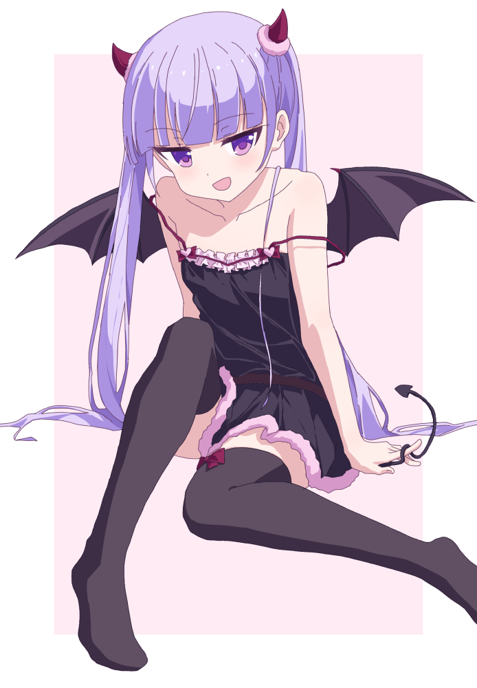 1girl :d bangs bare_shoulders black_dress black_legwear black_wings blunt_bangs blush border collarbone dress eyebrows_visible_through_hair flat_chest horns long_hair looking_at_viewer new_game! open_mouth oueo pink_background purple_hair shiny shiny_hair short_dress sitting sleeveless sleeveless_dress smile solo spaghetti_strap strap_slip suzukaze_aoba thigh-highs twintails very_long_hair violet_eyes white_border wings zettai_ryouiki