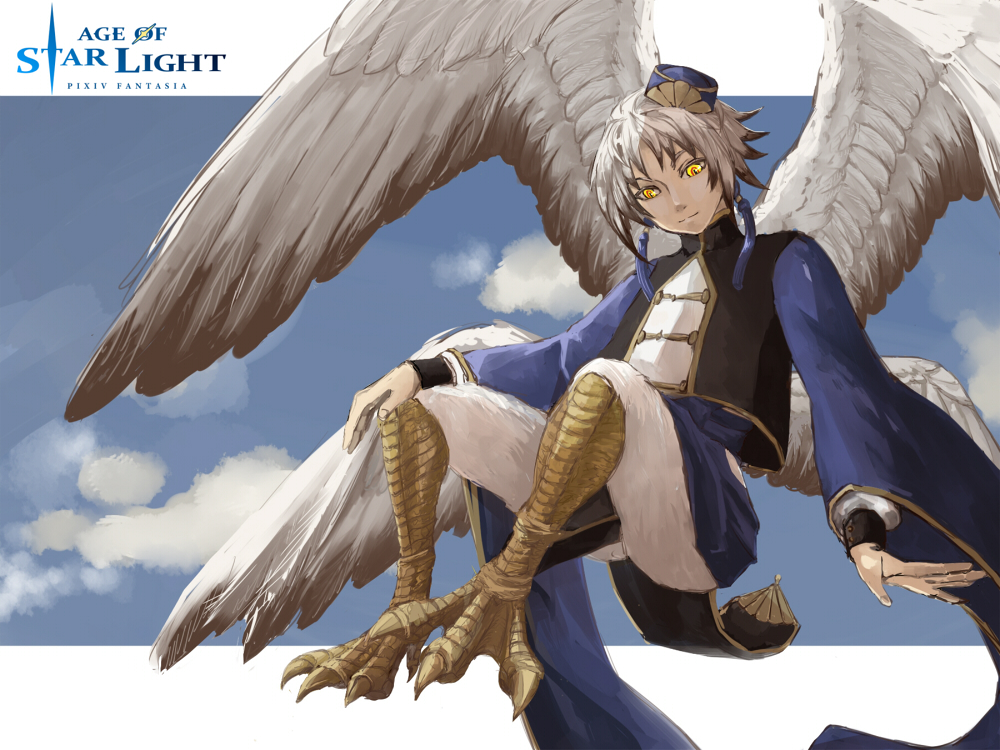 1boy blue_headwear c_miyama clouds copyright_name feathered_wings full_body harpy_boy konjiki_(pixiv_fantasia_age_of_starlight) long_sleeves looking_at_viewer male_focus monster_boy pixiv_fantasia pixiv_fantasia_age_of_starlight solo talons tassel white_hair wide_sleeves wings yellow_eyes