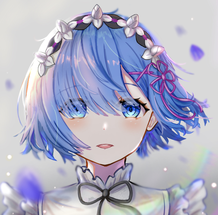 1girl :d bangs black_ribbon blue_eyes blue_hair eyebrows_visible_through_hair eyes_visible_through_hair flower grey_background hair_between_eyes hair_flower hair_ornament hair_ribbon looking_at_viewer maid_headdress neck_ribbon open_mouth pink_ribbon portrait re:zero_kara_hajimeru_isekai_seikatsu rem_(re:zero) ribbon shiny shiny_hair short_hair smile solo sora_(pixiv66028447) white_flower x_hair_ornament