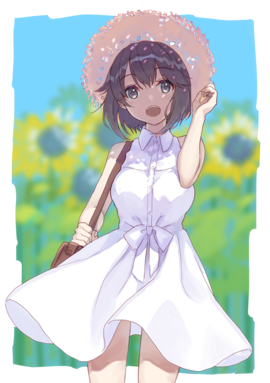 1girl alternate_costume black_hair blurry commentary_request dappled_sunlight depth_of_field dress flower grey_eyes hat hayasui_(kancolle) kantai_collection looking_at_viewer mitsuyo_(mituyo324) open_mouth short_hair solo straw_hat sun_hat sundress sunflower sunlight white_dress