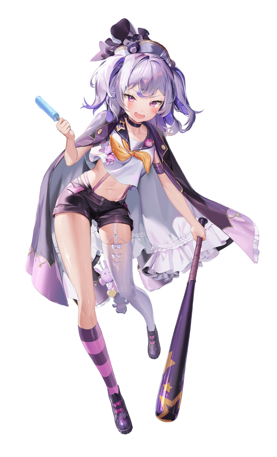 1girl :d asymmetrical_legwear baseball_bat black_choker black_headwear black_shorts cape choker choyeon crop_top crop_top_overhang destiny_child fang food garter_straps hat highres holding horns kneehighs long_hair looking_at_viewer midriff navel neckerchief open_mouth popsicle purple_hair sailor_collar shirt shoes short_shorts shorts simple_background single_garter_strap single_kneehigh single_thighhigh sleeveless sleeveless_shirt smile solo stomach striped striped_legwear stuffed_toy suspenders thigh-highs thighs two_side_up v-shaped_eyebrows violet_eyes white_background white_legwear white_shirt