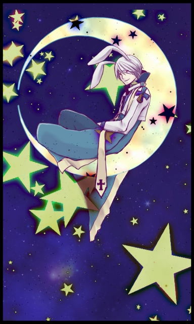 1boy animal_ears archbishop_(ragnarok_online) bangs black_border blue_coat border coat commentary_request crescent_moon cropped_jacket eyebrows_visible_through_hair eyes_visible_through_hair full_body hair_between_eyes jacket long_sleeves looking_at_viewer male_focus mit_(necomit) moon rabbit_ears ragnarok_online red_eyes short_hair sitting_on_moon sky smile solo star_(sky) star_(symbol) starry_sky white_hair white_jacket