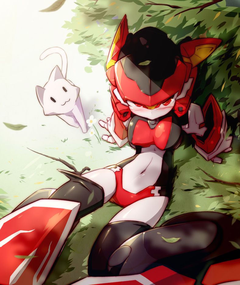 1girl :3 bingshan black_legwear blush branch breasts bush cat from_above helmet humanoid_robot leaf leaf_on_head looking_at_viewer magic_henshin mecha_musume navel red_eyes robot robot_ears scarlet_sonic solo thigh-highs wheel white_cat