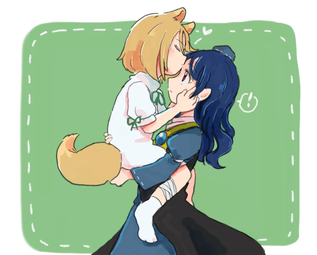 ! 2girls animal_ears bandaged_leg bandages black_cape blonde_hair blue_dress blue_hair blue_headwear border cape carrying closed_eyes commentary dress forehead_kiss fox_ears fox_tail from_side green_background hand_on_another's_cheek hand_on_another's_face hat heart iizunamaru_megumu jumpsuit kiss kudamaki_tsukasa long_hair multiple_girls pointy_ears red_eyes rome35793562 socks spoken_exclamation_mark symbol-only_commentary tail tokin_hat touhou white_border white_jumpsuit white_legwear