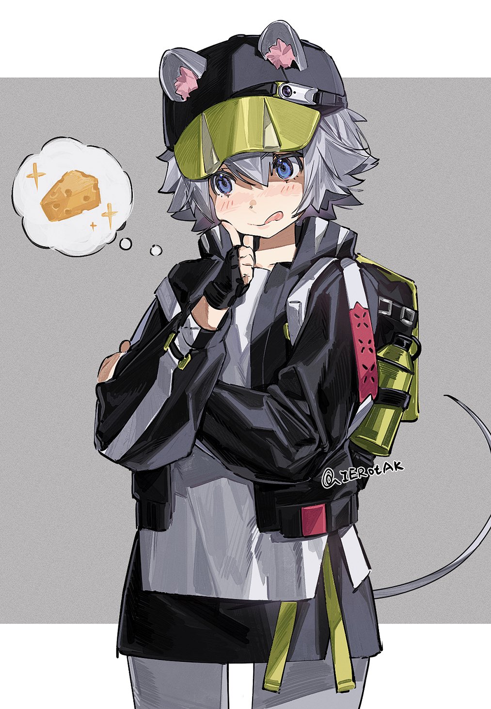 1girl animal_ears arknights backpack bag baseball_cap black_gloves black_headwear black_jacket black_skirt blue_eyes blush bottle cheese click_(arknights) closed_mouth commentary cowboy_shot finger_to_own_chin fingerless_gloves flat_chest food gloves grey_background grey_legwear hair_between_eyes hand_on_own_chin hat highres ierotak imagining jacket licking_lips long_sleeves miniskirt mouse_ears mouse_tail open_clothes open_jacket shirt short_hair silver_hair simple_background skirt smile solo standing tail thought_bubble tongue tongue_out twitter_username water_bottle white_shirt