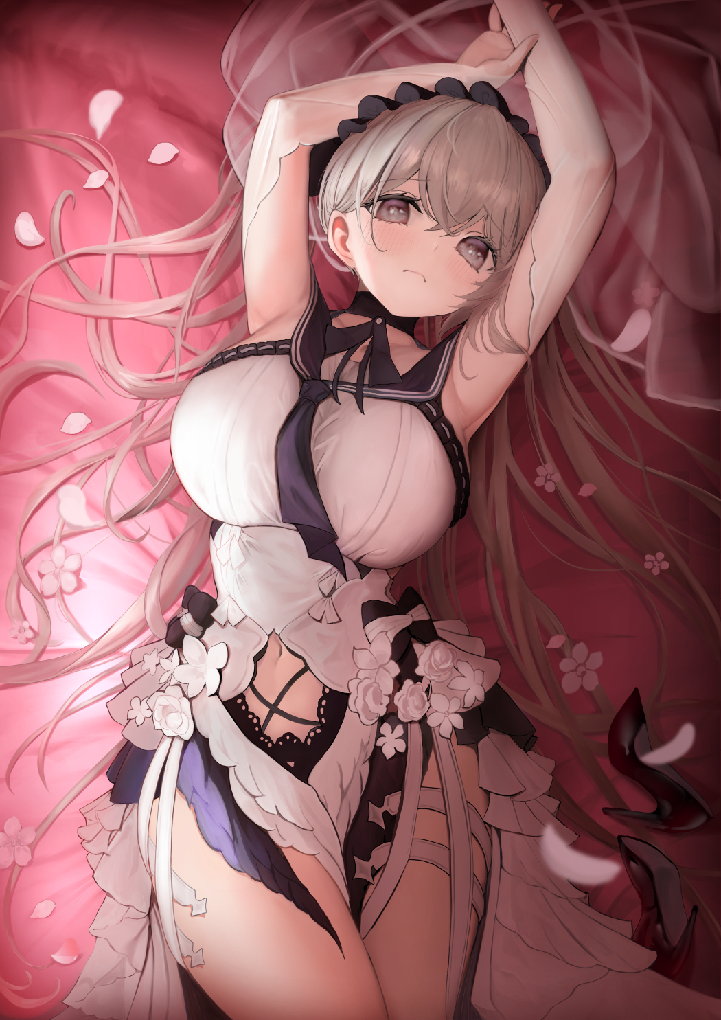 armpits azur_lane bed_sheet black_footwear blush breasts brown_eyes brown_hair closed_mouth clothing_cutout detached_sleeves dress flower formidable_(azur_lane) formidable_(timeless_classics)_(azur_lane) frown high_heels highres large_breasts long_hair long_sleeves looking_at_viewer lying navel navel_cutout on_back on_bed petals shoes shoes_removed solaris_(sinhyg) thigh_strap thighs veil very_long_hair white_dress white_flower