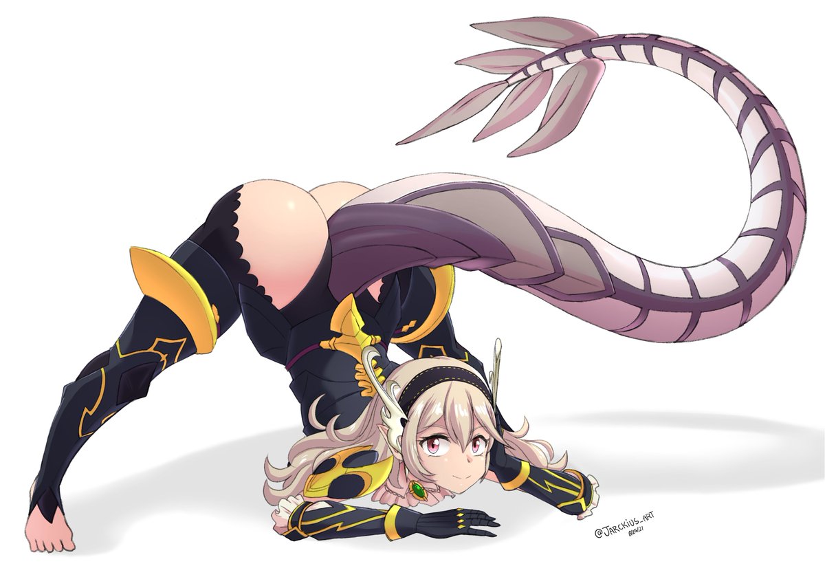 1girl arm_rest armor ass bangs corrin_(fire_emblem) corrin_(fire_emblem)_(female) dragon_girl dragon_horns dragon_tail fire_emblem fire_emblem_fates flexible full_body gloves hair_between_eyes hairband horns jack-o'_challenge jack-o'_valentine jarckius jarckius_art long_hair looking_at_viewer manakete meme pointy_ears red_eyes silver_hair simple_background smile solo spread_legs tail top-down_bottom-up twitter white_hair wide_spread_legs