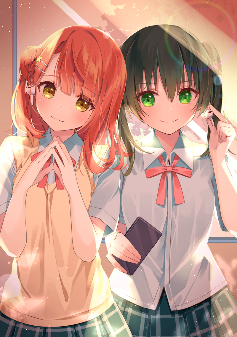 2girls airpods bangs black_hair blue_shirt blunt_bangs braid braided_bun cellphone collared_shirt dress_shirt dusk earphones earphones gradient_hair green_eyes green_hair grey_skirt hair_between_eyes hair_ornament hairpin half_updo leaning_on_person listening_to_music love_live! love_live!_nijigasaki_high_school_idol_club medium_hair multicolored_hair multiple_girls neck_ribbon nijigasaki_academy_uniform orange_hair phone pink_hair plaid plaid_skirt pleated_skirt red_neckwear ribbon samayoi shared_earphones shirt short_sleeves side_bun skirt smartphone streaked_hair summer_uniform sweater_vest swept_bangs takasaki_yuu twintails two-tone_hair uehara_ayumu vest white_shirt white_vest yellow_eyes