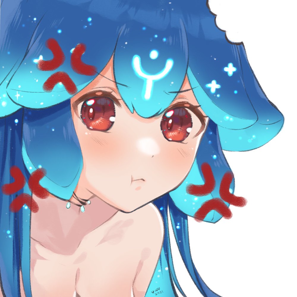 1girl 2021 4st3r anger_vein bao_(vtuber) blue_hair blush breasts closed_mouth commentary english_commentary eyebrows_visible_through_hair indie_virtual_youtuber pout pouty_lips red_eyes simple_background virtual_youtuber white_background