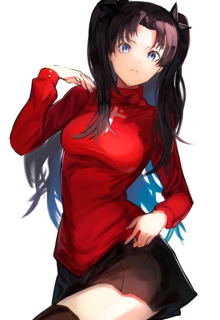 1girl black_hair black_legwear black_ribbon black_skirt blue_eyes breasts closed_mouth commentary_request cross_print fate/stay_night fate_(series) hair_ribbon hand_up long_sleeves looking_at_viewer nasubin_(user_tjyp5584) pleated_skirt red_sweater ribbon shadow simple_background skirt solo sweater thigh-highs tohsaka_rin turtleneck turtleneck_sweater twintails two_side_up white_background zettai_ryouiki