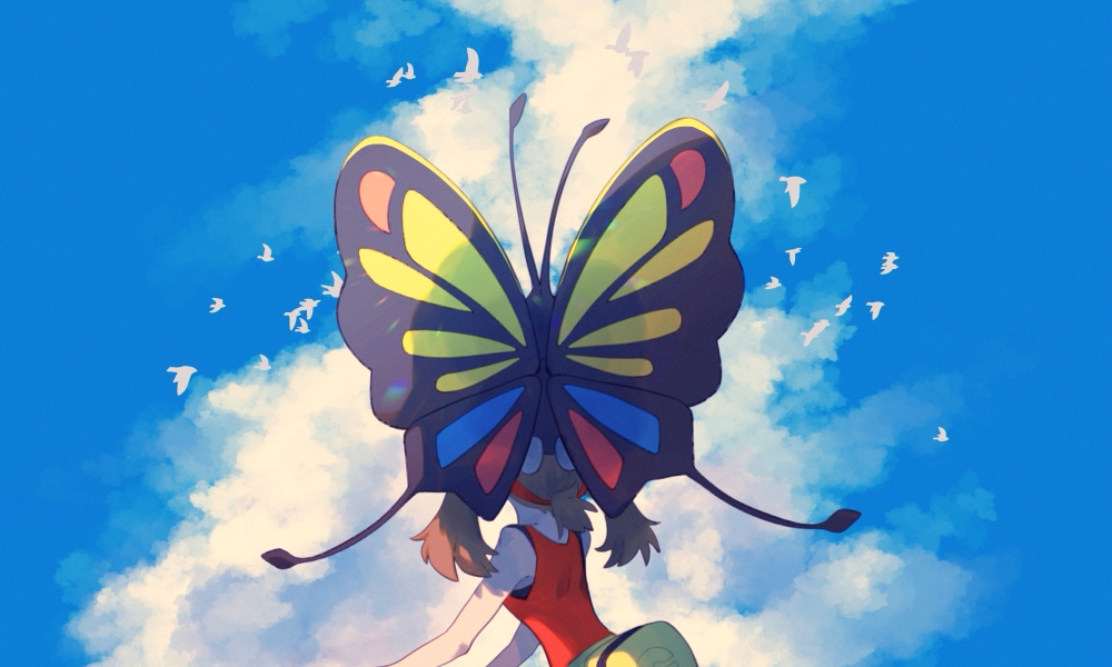 1girl bare_arms bird brown_hair bug butterfly clouds commentary day fanny_pack hairband insect long_hair may_(pokemon) on_head outdoors pokemon pokemon_(creature) pokemon_(game) pokemon_on_head pokemon_oras red_hairband red_shirt shirt sky sleeveless sleeveless_shirt wulie_errr yellow_bag