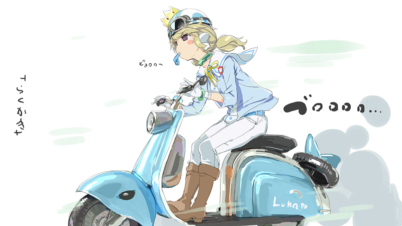 1girl alternate_costume bangs blonde_hair blush_stickers boots brown_footwear crown gloves goggles goggles_on_headwear ground_vehicle helmet kafuru_(senran_kagura) knee_boots low_twintails motor_vehicle mouth_hold pants sailor_collar scooter senran_kagura short_twintails sitting smoke solo twintails vespa violet_eyes whistle white_gloves white_pants white_sailor_collar yaegashi_nan