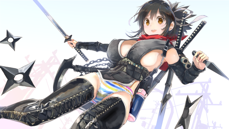 1girl alternate_costume asuka_(senran_kagura) bangs black_hair blush boots breasts brown_eyes chain cross-laced_footwear detached_sleeves hair_ribbon holding holding_sword holding_weapon katana kunai lace-up_boots large_breasts leather leather_boots open_mouth panties ponytail red_scarf ribbon scarf senran_kagura sheath sheathed shuriken solo striped striped_panties sword thigh-highs thigh_boots underwear upper_teeth weapon yaegashi_nan