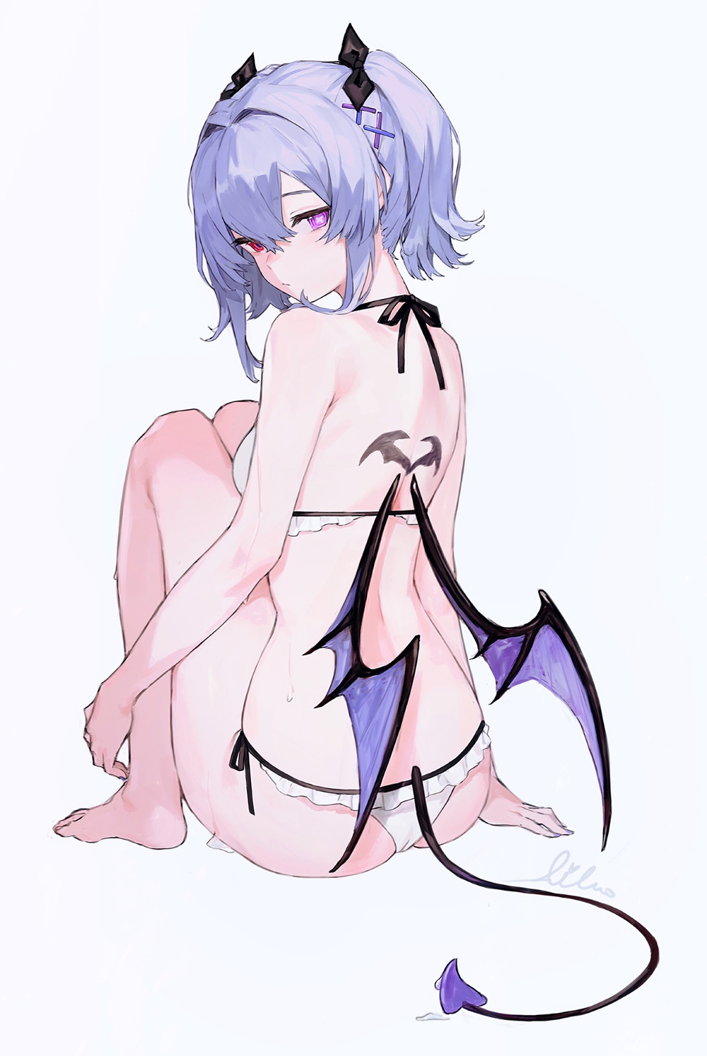 1girl aiko_(kanl) ass back bare_arms bare_shoulders barefoot bikini bow breasts demon_girl demon_tail demon_wings expressionless frilled_bikini frills from_behind hair_bow hair_intakes hair_ornament halterneck heterochromia highres knees_up looking_at_viewer looking_back original purple_hair red_eyes short_hair side-tie_bikini simple_background sitting small_breasts solo string_bikini swimsuit tail violet_eyes wet white_background white_bikini wings x_hair_ornament