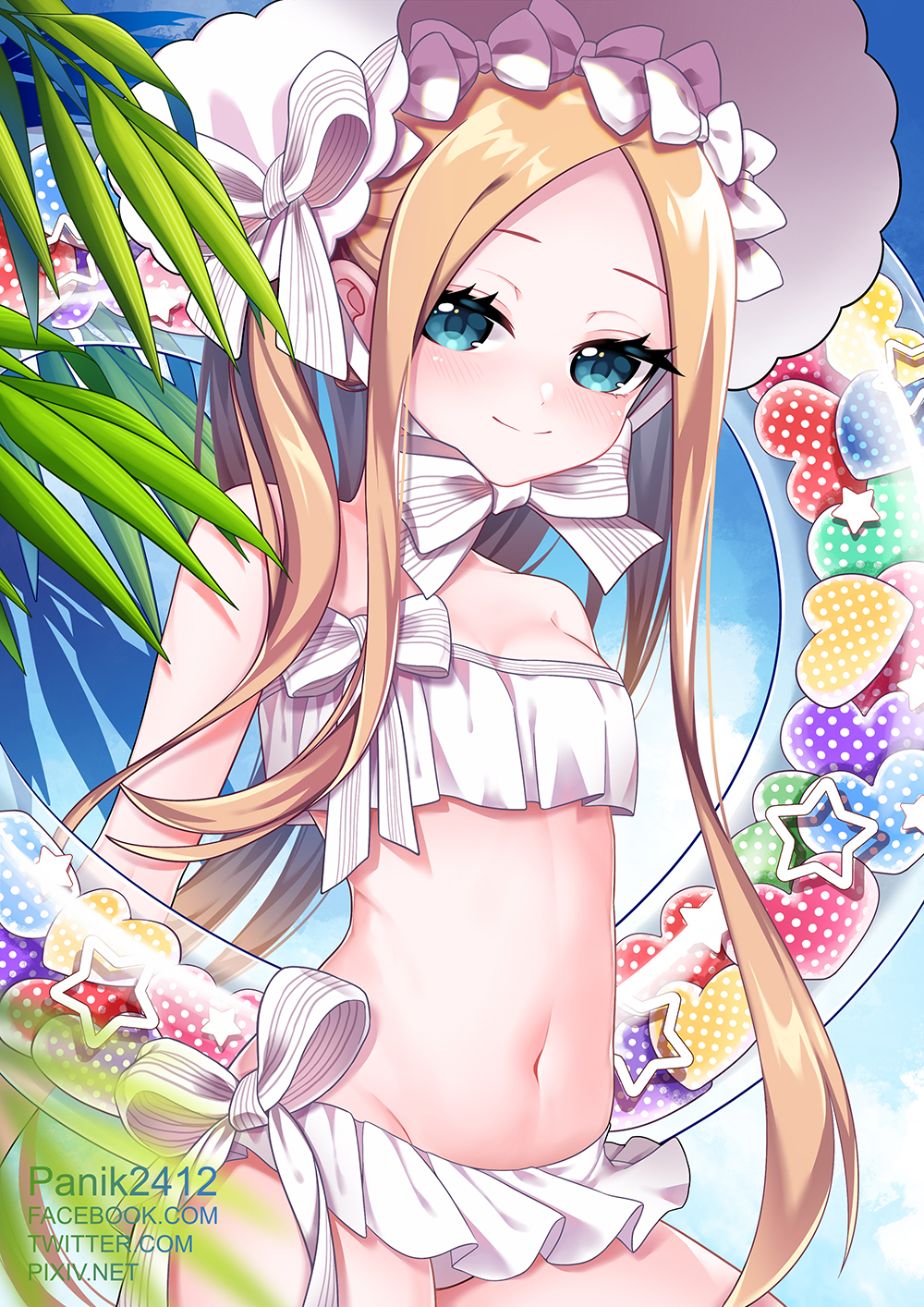 1girl abigail_williams_(fate) abigail_williams_(swimsuit_foreigner)_(fate) bangs bare_shoulders bikini blonde_hair blue_eyes blue_sky blush bonnet bow breasts closed_mouth commentary_request day english_commentary fate/grand_order fate_(series) forehead highres innertube long_hair looking_at_viewer microskirt mixed-language_commentary multiple_bows navel panik2412 parted_bangs photoshop_(medium) sidelocks skirt sky small_breasts smile swimsuit thighs twintails white_bow white_headwear