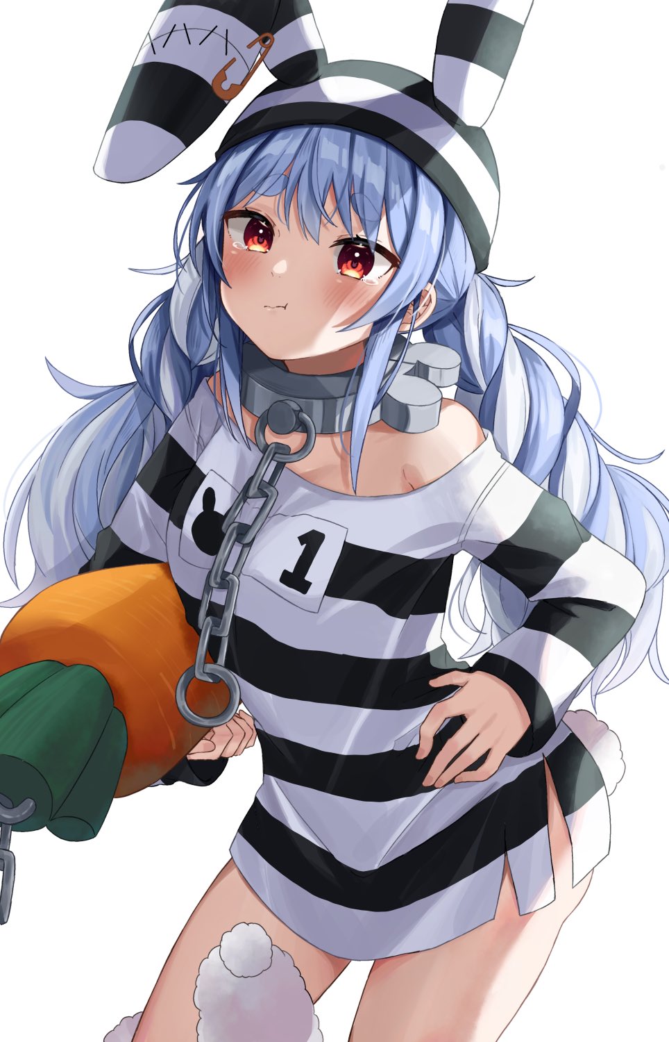 1girl :t animal_ears bangs bare_shoulders bent_over black_headwear black_shirt black_stripes blue_hair blush carrying_under_arm chain closed_mouth collar commentary don-chan_(usada_pekora) eyebrows_visible_through_hair hair_undone hand_on_hip hat highres hikimayu leaning_forward long_hair long_shirt long_sleeves looking_ahead messy_hair metal_collar moonbell multicolored_hair off_shoulder orange_eyes prison_clothes rabbit_ears rabbit_tail safety_pin shaded_face shirt short_eyebrows solo stitches striped striped_headwear striped_shirt stuffed_carrot stuffed_toy tail thick_eyebrows torn_clothes torn_shirt two-tone_hair two-tone_headwear two-tone_shirt usada_pekora very_long_hair white_hair white_headwear white_shirt white_stripes