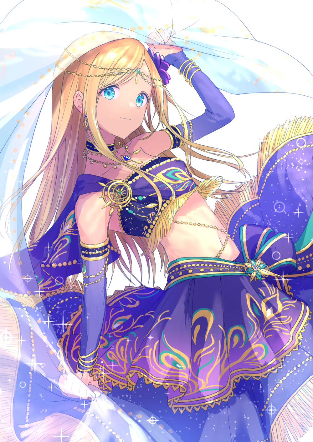 1girl aqua_eyes arabian_clothes blonde_hair bracelet collarbone cowboy_shot crop_top dancer dark-skinned_female dark_skin detached_sleeves dutch_angle flower forehead_jewel hair_flower hair_ornament highres idolmaster idolmaster_cinderella_girls jewelry layla_(idolmaster) light_smile long_hair looking_at_viewer midriff navel pendant print_skirt see-through shiohari_kanna simple_background skirt solo tareme veil white_background