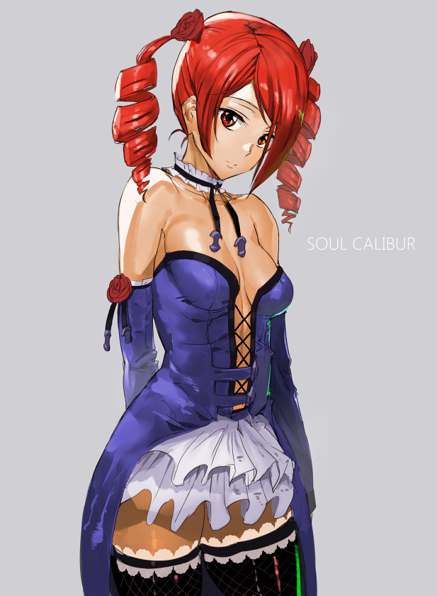 1girl amy_sorel ashiomi_masato bare_shoulders breasts choker closed_mouth dress drill_hair flower gothic_lolita lolita_fashion looking_at_viewer medium_hair redhead rose short_twintails simple_background skirt solo soulcalibur soulcalibur_vi thigh-highs twin_drills twintails