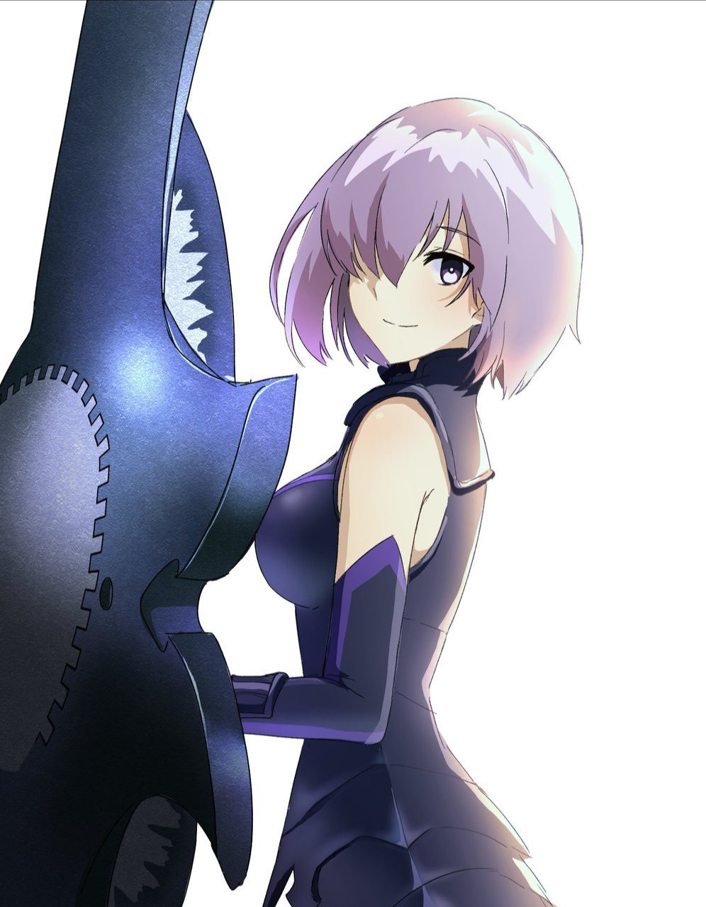 1girl armor armored_dress bangs bare_shoulders breasts elbow_gloves fate/grand_order fate_(series) gloves hair_over_one_eye highres large_breasts light_purple_hair looking_at_viewer mash_kyrielight purple_gloves shield short_hair tsu_ki2 violet_eyes