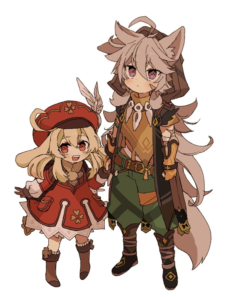 1boy 1girl ahoge animal_ears bangs blonde_hair blush boots brown_footwear brown_gloves closed_mouth clover dress feathers four-leaf_clover genshin_impact gloves green_pants grey_hair hair_between_eyes hat hat_feather holding_hands hood hood_up iwashi_(iwashi008) klee_(genshin_impact) long_hair long_sleeves low_twintails open_mouth orange_gloves pants razor_(genshin_impact) red_dress red_eyes red_headwear scar scar_on_face short_sleeves simple_background tail twintails upper_teeth violet_eyes white_background