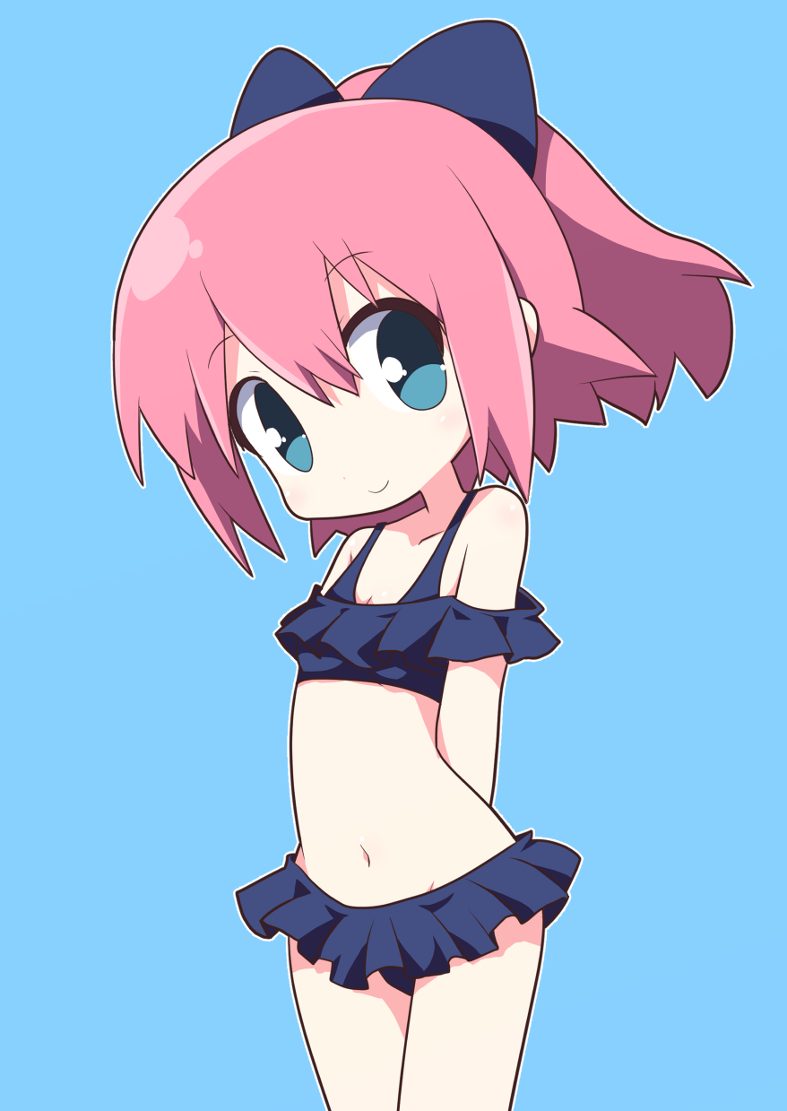 1girl bangs bare_shoulders bikini black_bikini blue_background blue_bow blue_eyes bow chibi closed_mouth commentary_request eyebrows_visible_through_hair frilled_bikini frills hair_between_eyes hair_bow highres looking_at_viewer navel original osaragi_mitama pink_hair ponytail simple_background smile solo swimsuit
