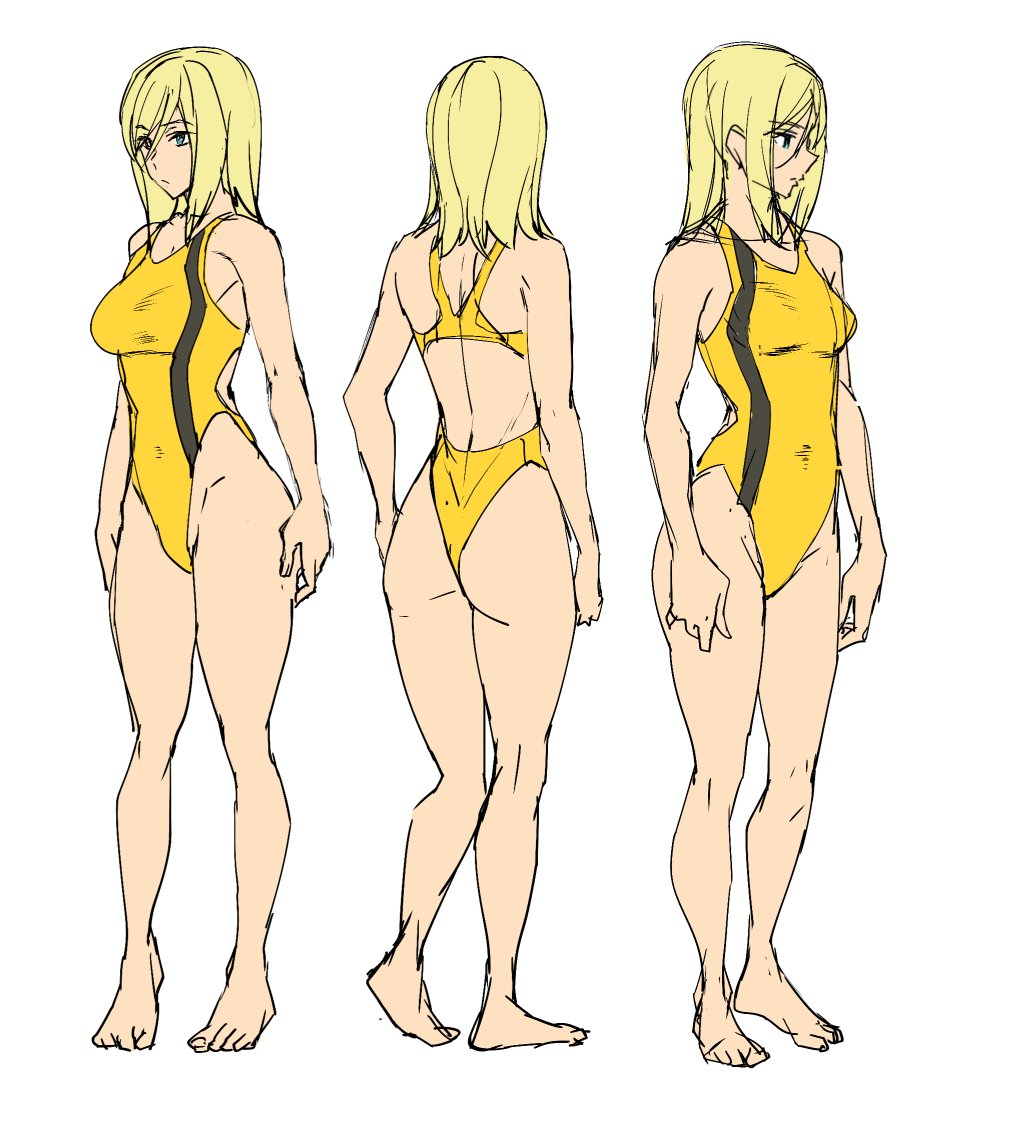 1girl ashiomi_masato ass barefoot blonde_hair blue_eyes breasts closed_mouth feet groin guilty_gear guilty_gear_xrd long_hair millia_rage one-piece_swimsuit simple_background solo swimsuit white_background
