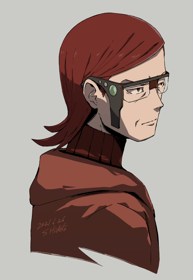 1boy black-framed_eyewear black_eyes bodysuit closed_mouth coat commentary_request dated glasses grey_background male_focus maxie_(pokemon) number pokemon pokemon_(game) pokemon_oras red_bodysuit red_coat redhead ribbed_bodysuit shigeno_shuo short_hair signature simple_background solo team_magma upper_body