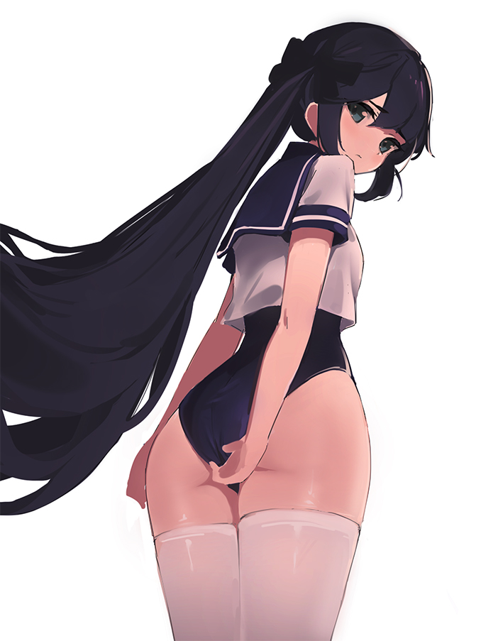 1girl ass black_hair black_swimsuit blue_eyes bow breasts closed_mouth cowboy_shot crop_top crop_top_overhang from_behind genshin_impact hair_bow long_hair looking_at_viewer looking_back mona_(genshin_impact) no_hat no_headwear one-piece_swimsuit ponytail prpr_friends sailor_collar sailor_shirt shirt short_sleeves simple_background small_breasts solo swimsuit thigh-highs very_long_hair white_background white_legwear white_shirt