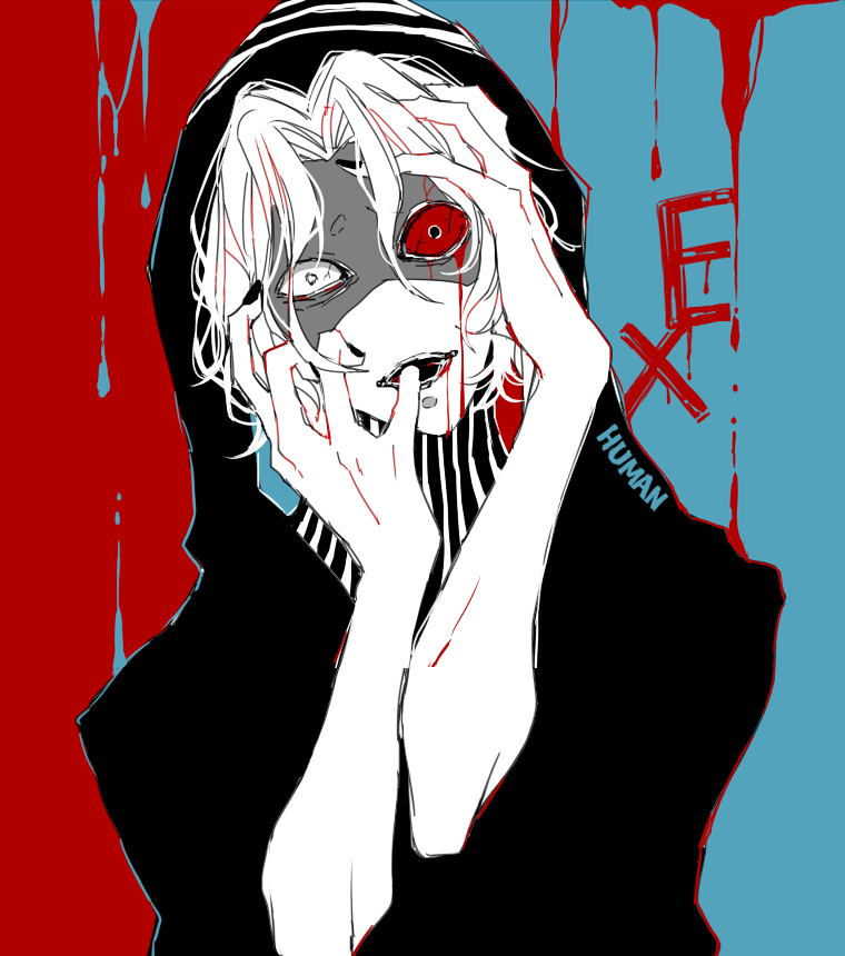 1boy awara_kayu bangs black_nails blood blue_background colored_sclera commentary_request crazy hand_in_mouth hand_on_head heterochromia hood hood_up looking_at_viewer male_focus nail_polish open_mouth red_background red_sclera robe short_hair solo spoilers striped takizawa_seidou tokyo_ghoul tokyo_ghoul:re upper_body white_hair