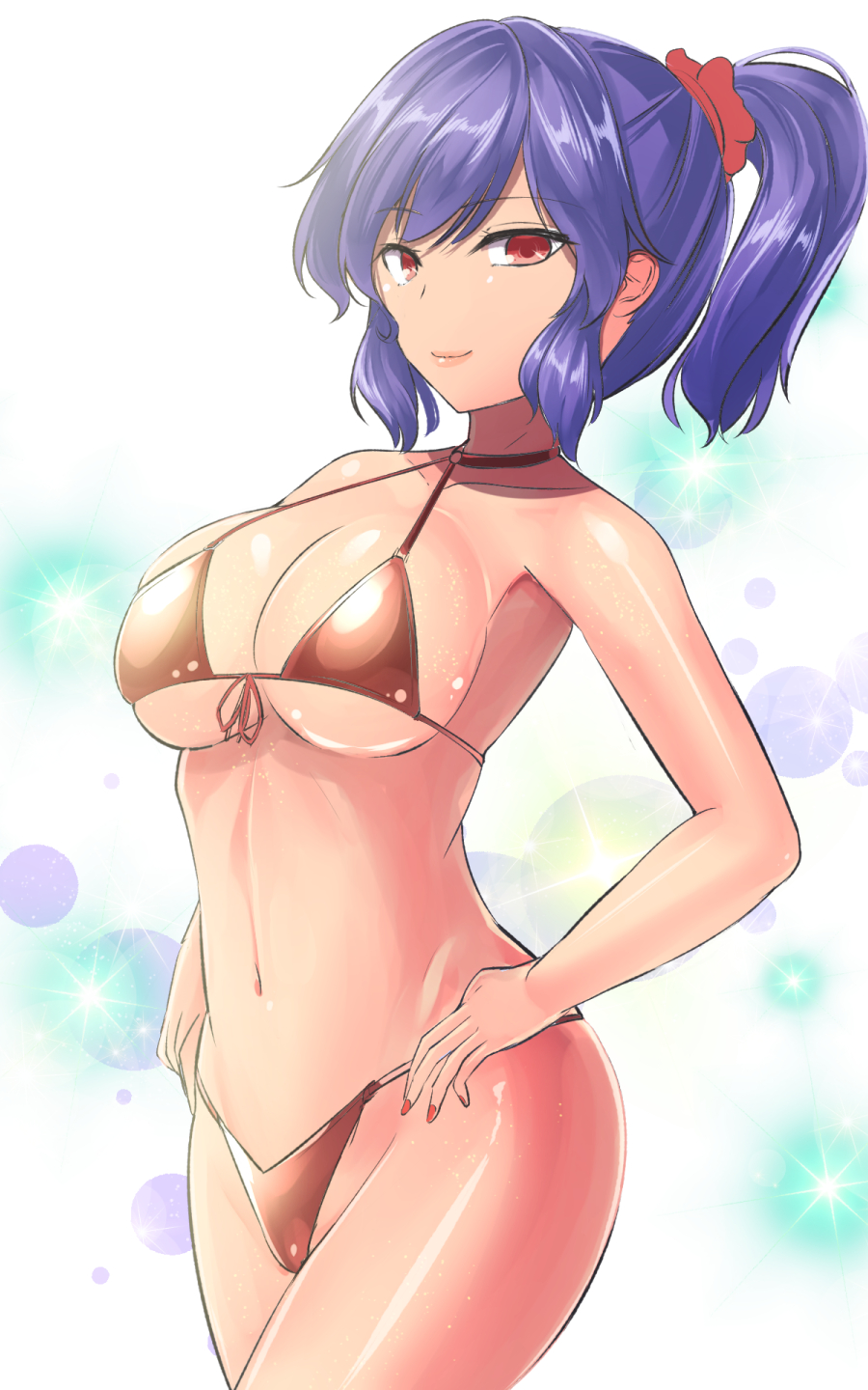 1girl bikini breasts collar glitter highres large_breasts light_smile looking_at_viewer nail_polish one-hour_drawing_challenge purple_hair red_eyes shiny shiny_clothes simple_background swimsuit touhou y2 yasaka_kanako
