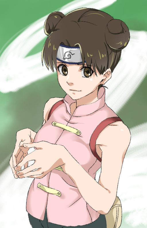 1girl bare_shoulders brown_eyes brown_hair chinese_clothes closed_mouth double_bun eyebrows_visible_through_hair fanny_pack fingers_together furrowed_brow hands_up headband naruto naruto_(series) pretty-purin720 short_hair sleeveless solo tenten