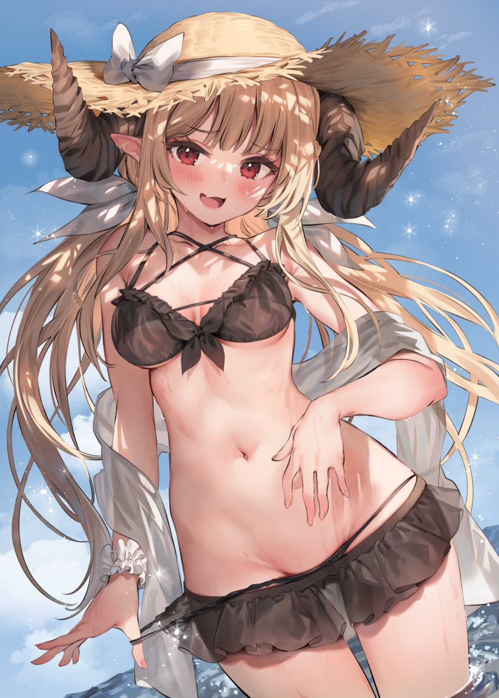 1girl bangs banned_artist bikini black_bikini blonde_hair blue_sky blunt_bangs breasts brown_headwear clouds commentary_request day eyebrows_visible_through_hair fang frilled_bikini frills groin hat highres horns long_hair looking_at_viewer medium_breasts navel ocean open_mouth original parsley-f partially_submerged pointy_ears skin_fang sky smile solo straw_hat swimsuit water wet wrist_cuffs