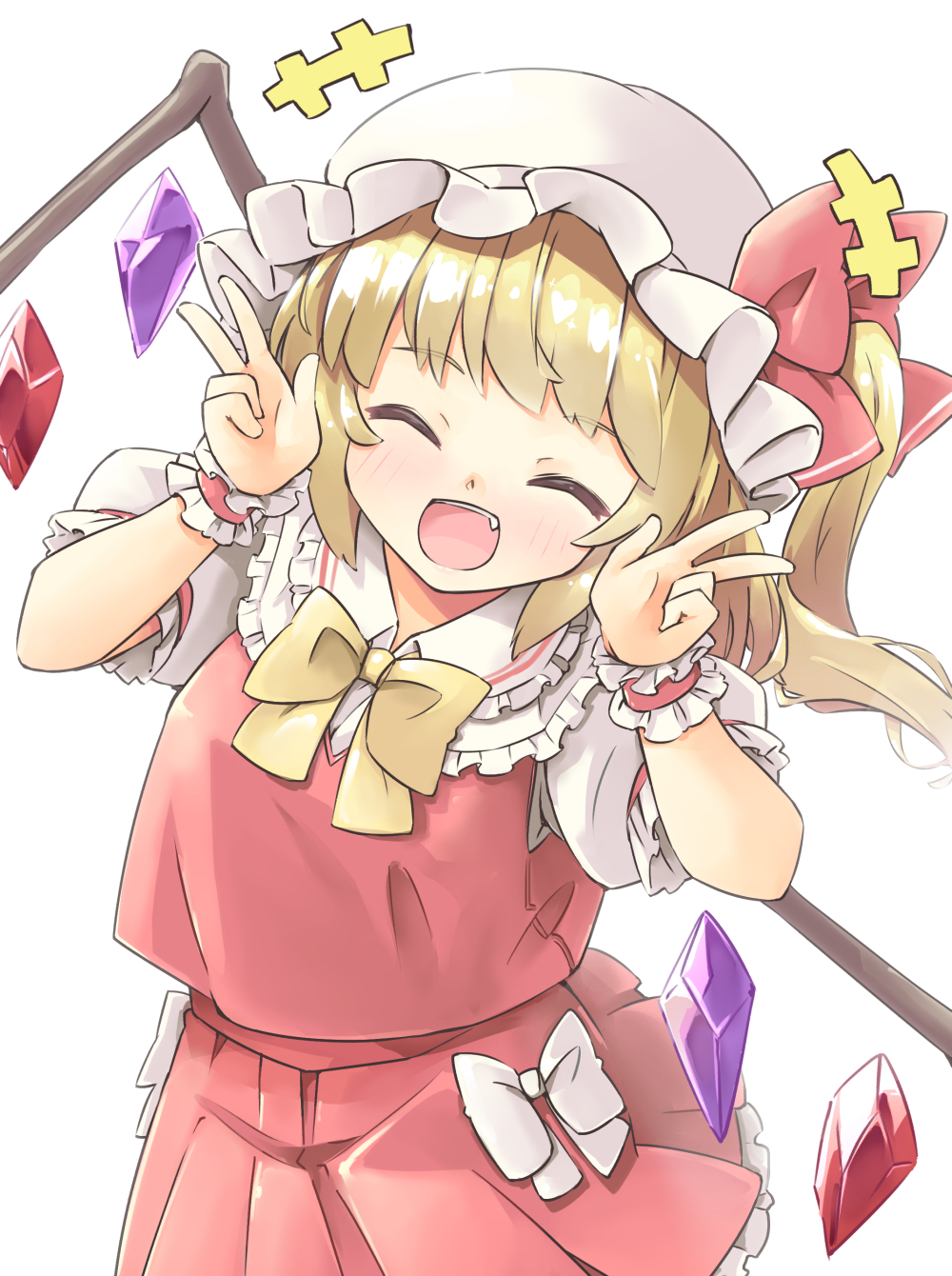 +++ 1girl arnest bangs blonde_hair bow bowtie closed_eyes commentary_request crystal double_v facing_viewer fang flandre_scarlet hands_up hat hat_bow highres long_hair mob_cap one_side_up open_mouth puffy_short_sleeves puffy_sleeves red_bow red_skirt red_vest shirt short_sleeves simple_background skirt smile solo touhou upper_body v vest white_background white_bow white_headwear white_shirt wings wrist_cuffs yellow_neckwear