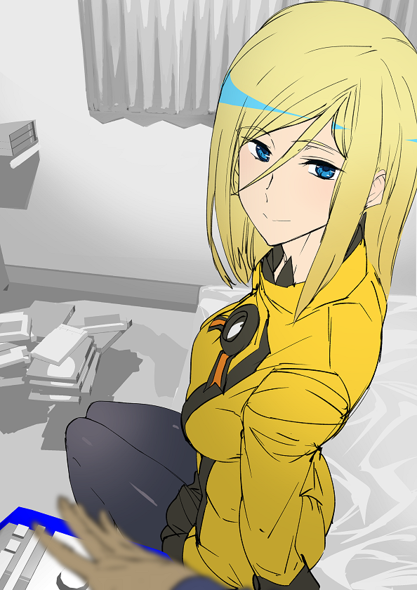 1girl ashiomi_masato bed black_legwear blonde_hair blue_eyes breasts closed_mouth curtains dress guilty_gear guilty_gear_xrd long_hair looking_at_viewer millia_rage pantyhose shiny shiny_hair skirt smile