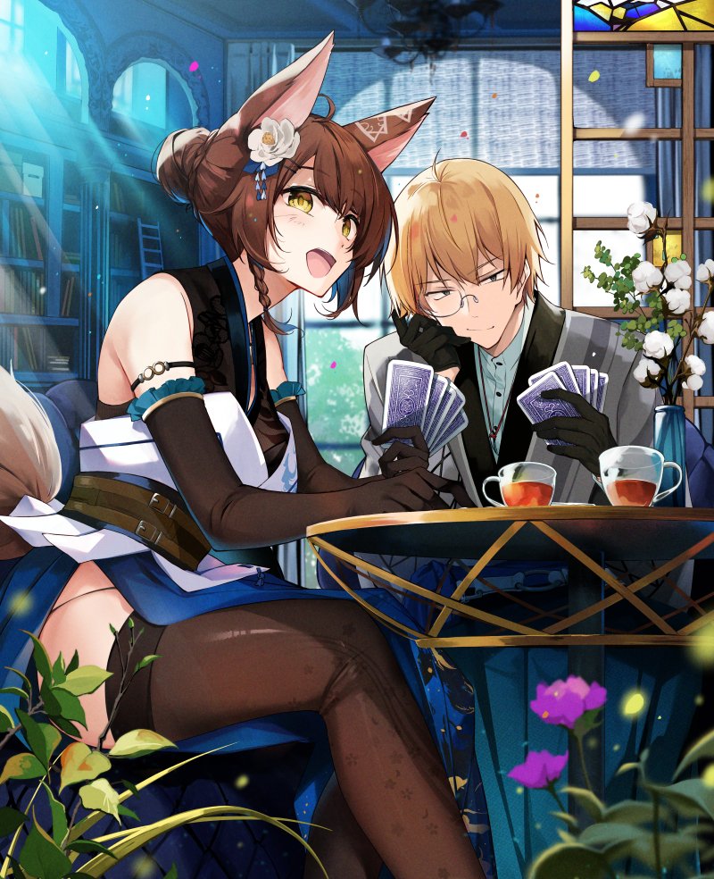 1boy 1girl animal_ears bangs black_gloves black_legwear blonde_hair brown_eyes brown_hair card elbow_gloves fox_ears fox_girl fumi_(nijisanji) gloves hair_behind_ear hair_bun hirai_yuzuki holding holding_card kanda_shouichi looking_at_viewer monocle nijisanji open_mouth playing_card sanpaku sitting thigh-highs