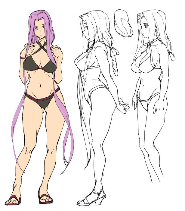 1girl ashiomi_masato breasts closed_mouth fate/grand_order fate/stay_night fate_(series) groin long_hair looking_at_viewer medusa_(fate) medusa_(rider)_(fate) navel purple_hair sandals simple_background solo swimsuit toes very_long_hair violet_eyes white_background