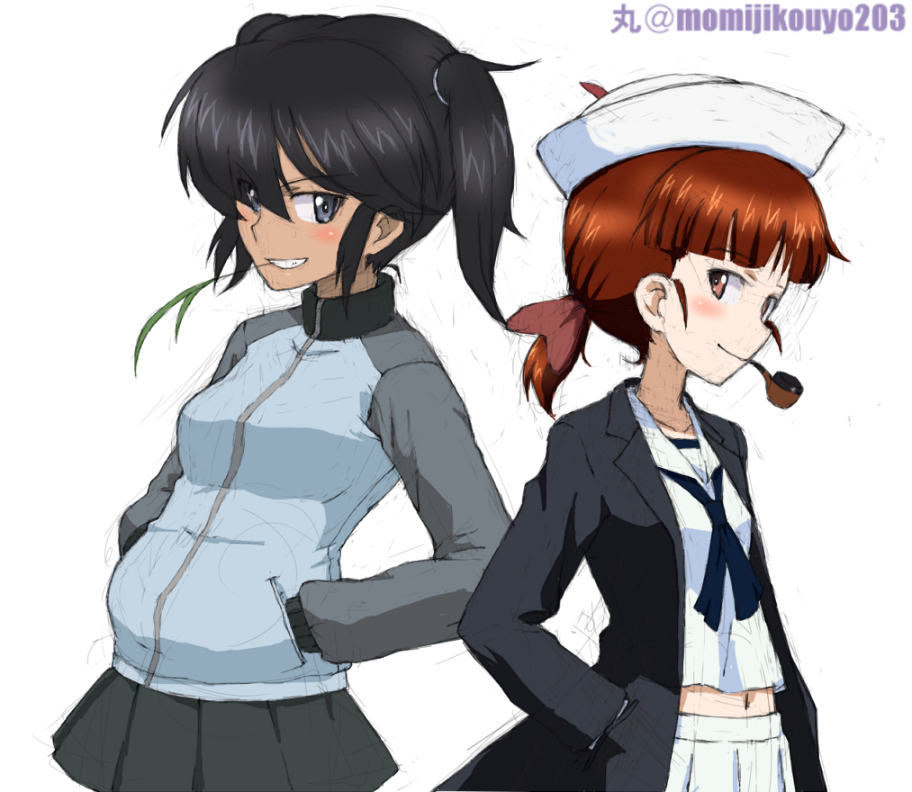 2girls alternate_hairstyle artist_name back-to-back bangs black_coat black_eyes black_hair black_neckwear blouse blue_jacket blue_skirt blunt_bangs bow closed_mouth coat commentary cosplay costume_switch dark-skinned_female dark_skin dixie_cup_hat girls_und_panzer grin hair_bow hair_over_one_eye hair_tie hairstyle_switch hands_in_pockets hat hat_feather jacket kayabakoro keizoku_military_uniform long_coat long_sleeves looking_at_viewer midriff mikko_(girls_und_panzer) military military_hat military_uniform miniskirt mouth_hold multiple_girls navel neckerchief ogin_(girls_und_panzer) ooarai_naval_school_uniform open_clothes open_coat pipe pleated_skirt raglan_sleeves red_bow red_eyes redhead sailor sailor_collar school_uniform short_hair short_ponytail short_twintails skirt smile stalk_in_mouth standing track_jacket twintails twitter_username uniform white_blouse white_headwear white_skirt