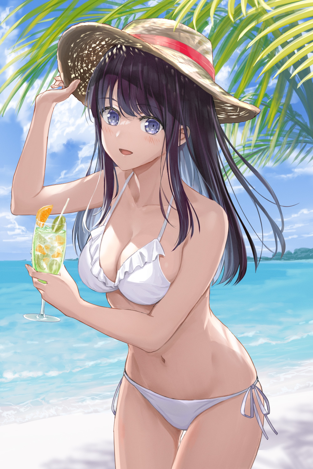 1girl :d arm_up bangs beach bell_(szkdddd) bikini black_hair blue_eyes blush breasts collarbone cowboy_shot cup day drinking_straw eyebrows_visible_through_hair food frilled_bikini frills fruit hand_on_headwear hand_up hat highres holding holding_cup long_hair looking_at_viewer medium_breasts navel ocean open_mouth original outdoors palm_leaf side-tie_bikini sidelocks smile solo standing sun_hat swimsuit thigh_gap white_bikini