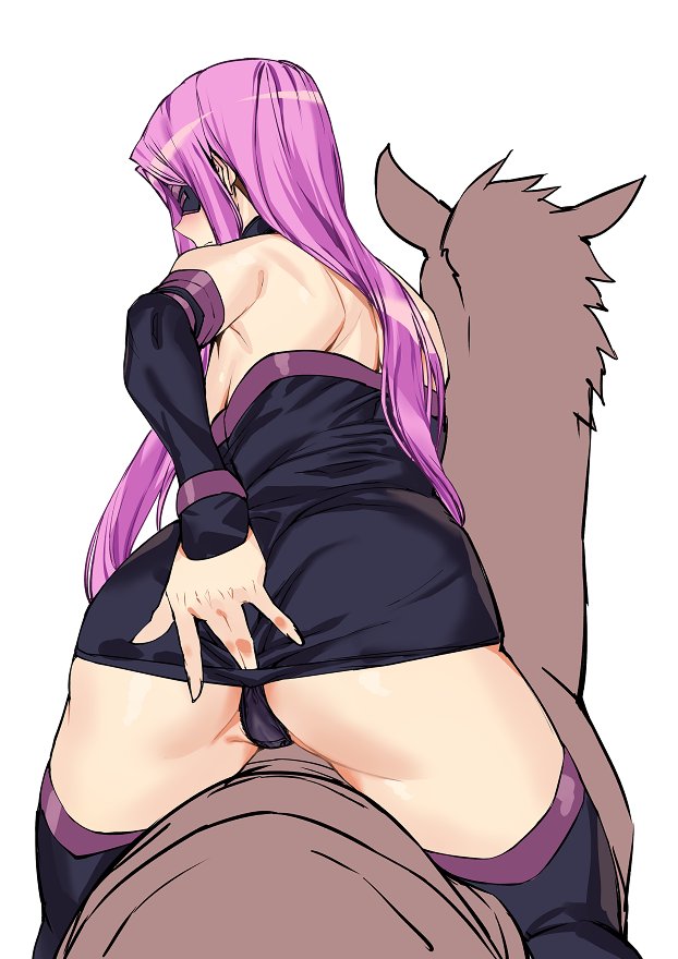 1girl ashiomi_masato ass bare_shoulders breasts closed_mouth dress fate/grand_order fate/stay_night fate_(series) horse long_hair medusa_(fate) medusa_(rider)_(fate) panties purple_hair simple_background solo strapless strapless_dress thigh-highs underwear white_background